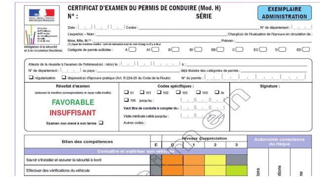 Certificat d'examen du permis de conduire